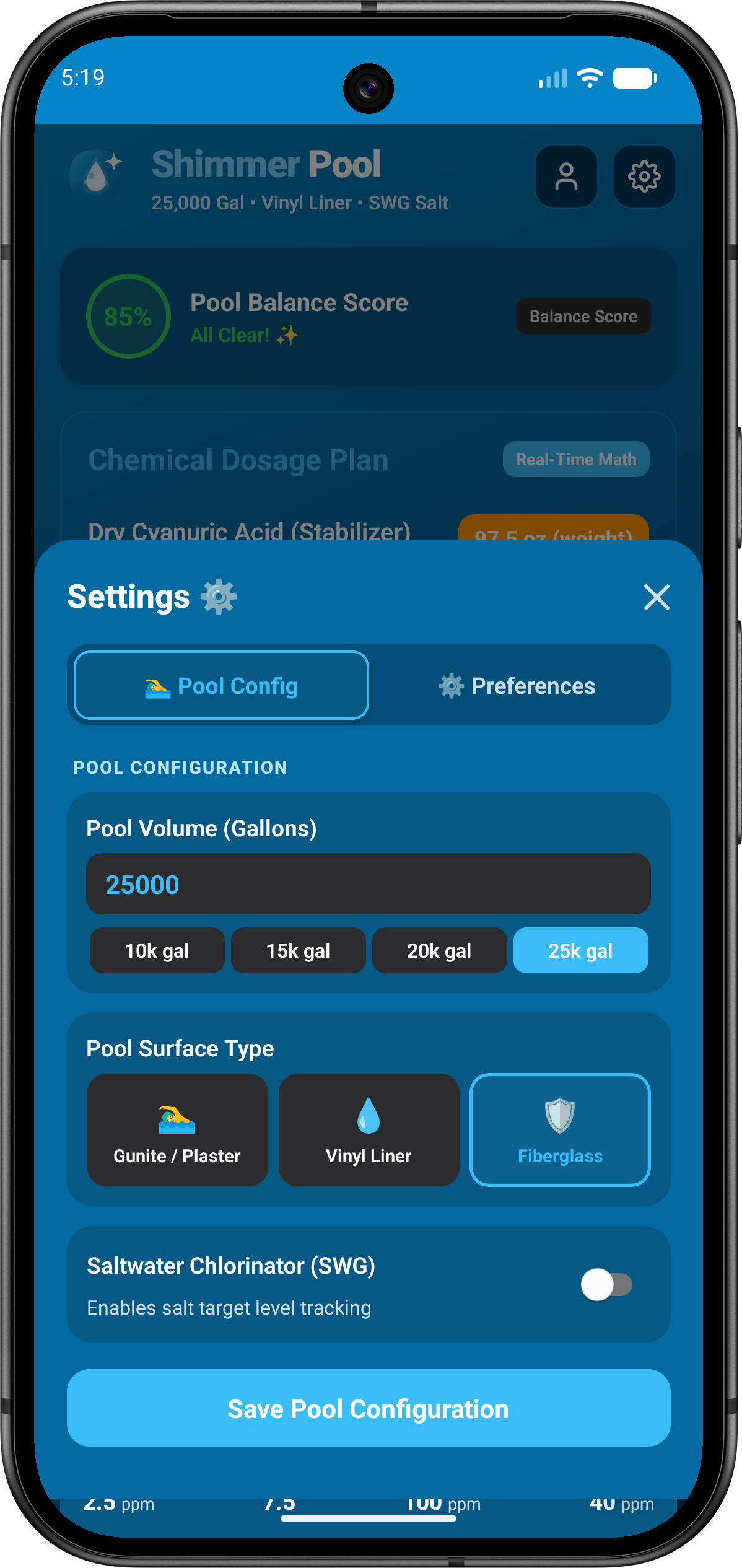 ShimmerPool pool configuration screen showing volume, surface type, and SWG settings